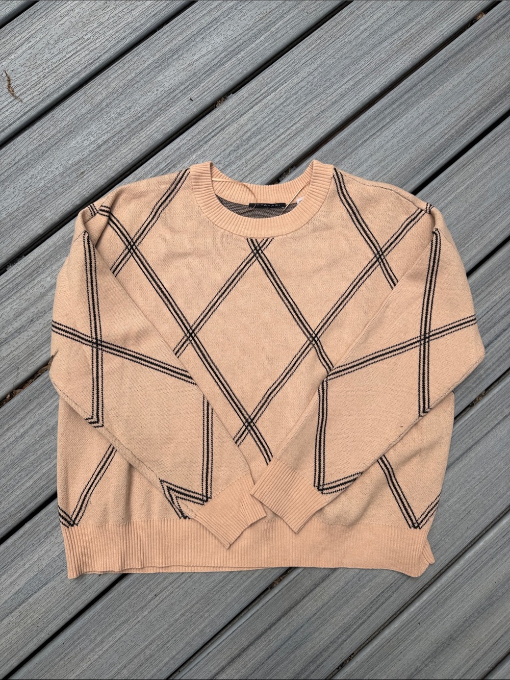 Tahari Beige Crewneck Sweater with Black Windowpane